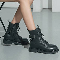 百丽马丁靴女冬季商场同款牛皮革皮带扣短靴加绒