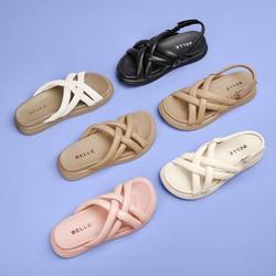 百丽皮革编织沙滩凉拖女春季新羊皮革溶解底拖鞋