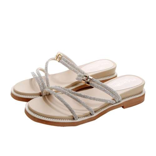 黑 36 木林森女鞋2024夏季时尚一字带平底休闲百搭水钻仙女风罗马凉鞋