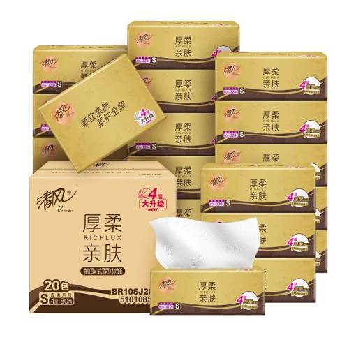 6包 【李昀锐同款】清风金装厚柔餐巾纸4层80抽20包抽纸整箱家用tbms 实付9.1元