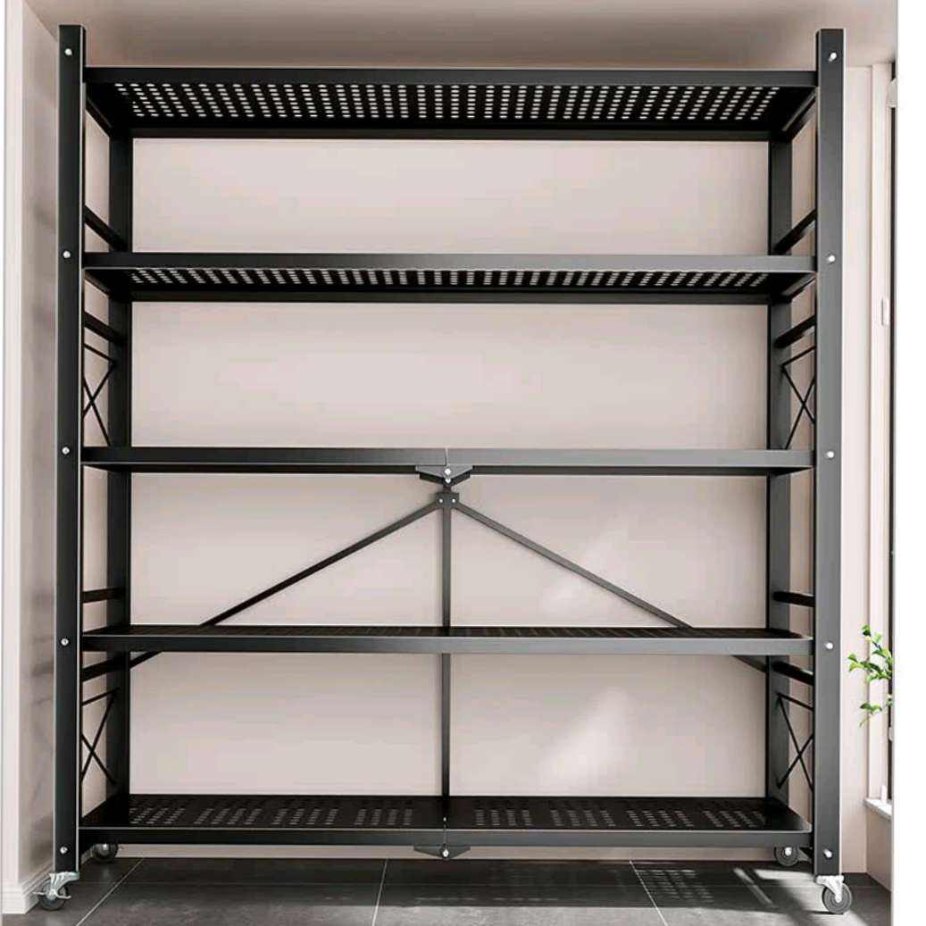 友耐  免安装折叠置物架  带轮  黑色100cm面宽【承重400斤】 五层