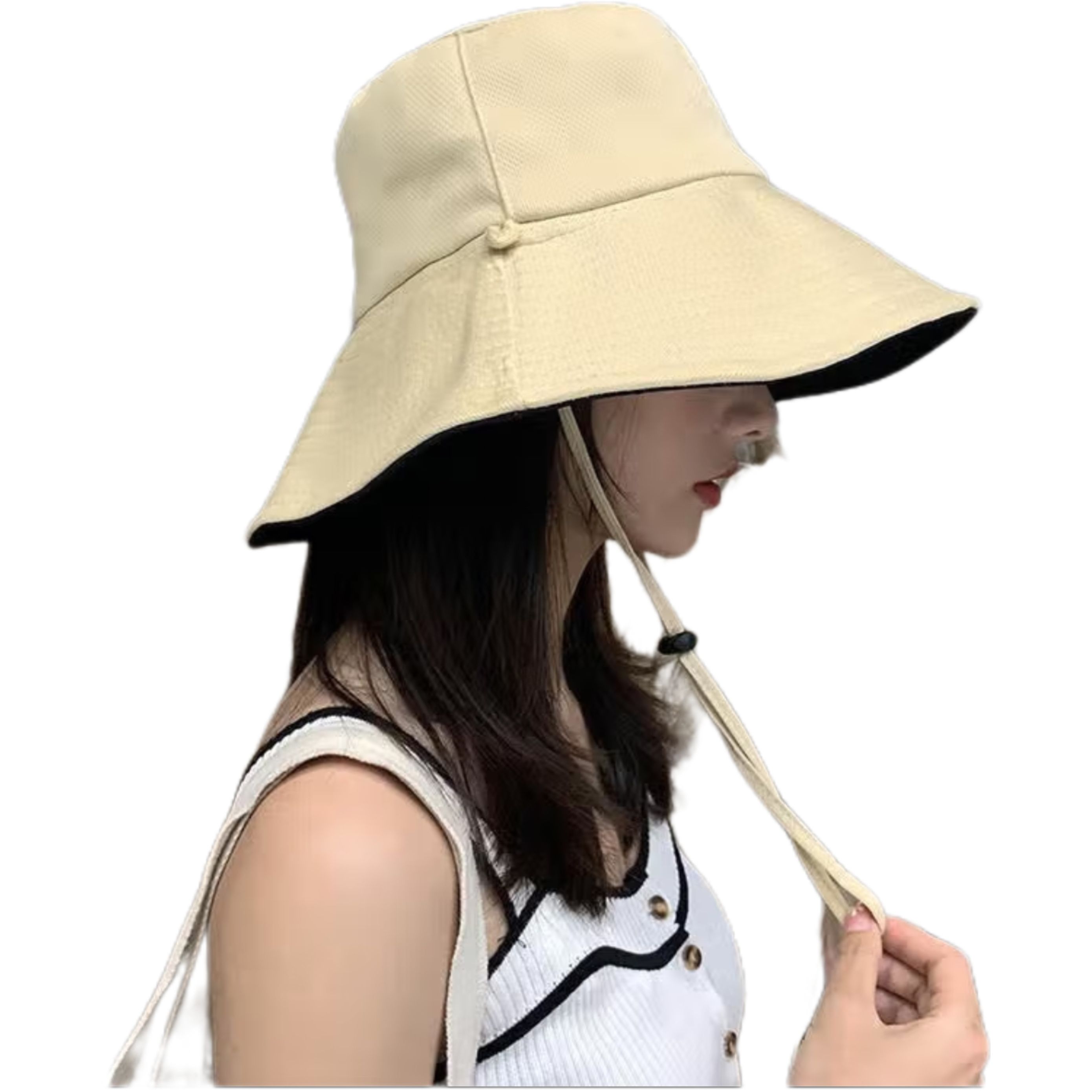 防晒双面渔夫帽女夏季遮脸大帽檐 黑色米色