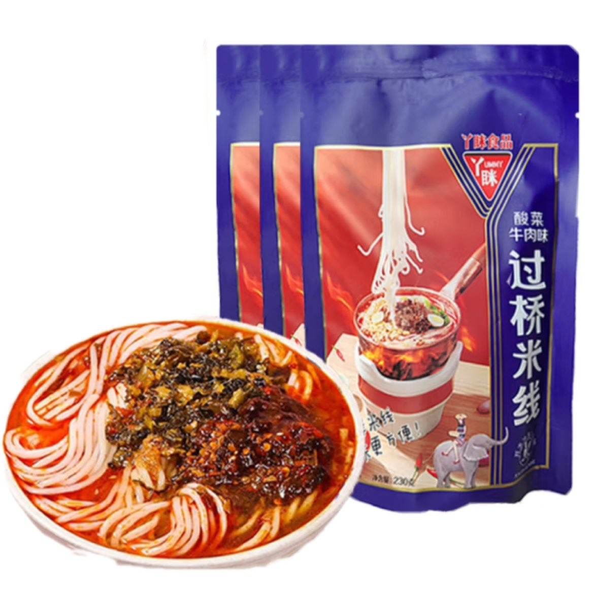 丫眯乐 过桥酸菜/麻辣牛肉米线230g*3袋（两种口味可选）
