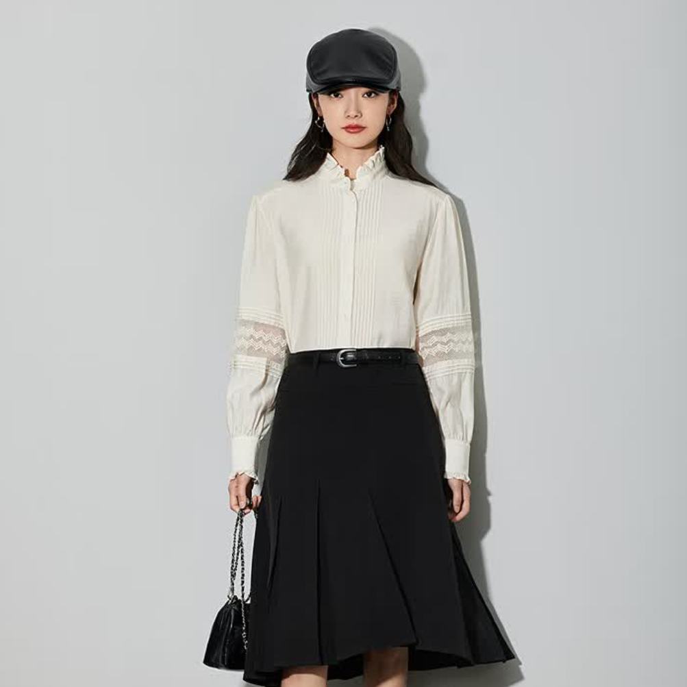 PLUS会员：LILY 春 新款 女装 优雅花边袖 宽松垂感衬衫 604米白 M