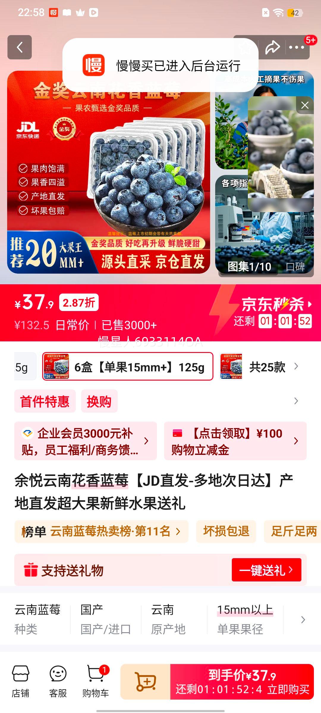 ���� ���ϻ�����ݮ 6��װ ����15mm+ 125g/�� ����100g ����ֱ������ˮ���Ż�֤��