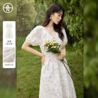 【AN大码系列】夏装清新碎花V领泡泡袖女式短袖连衣裙
