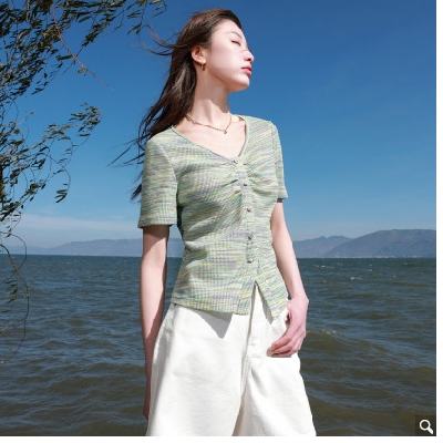 再降价：三彩 短袖T恤 微胖系列 夏季新款 晕染V领套头小衫胖MM